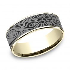 Benchmark Grey Tantalum and Yellow Gold Birdseye Pattern Tamascus Center Comfort Fit Band | 7.5mm