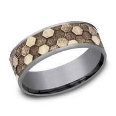 Grey Tantalum and 14k Yellow Gold 7.5mm Honeycomb Textured Comfort Fit Wedding Band
