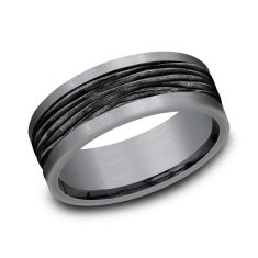 Tantalum and Black Titanium Horizontal Bark Design Comfort Fit Wedding Band 8mm