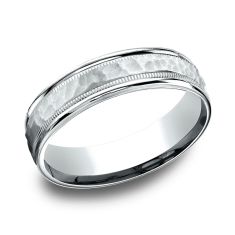 10k White Gold 6mm Hammered Finish Milgrain Comfort Fit Wedding Band