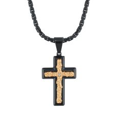 Black and Yellow Ion-Plated Stainless Steel Diamond Accent Cross Pendant Necklace - Men's