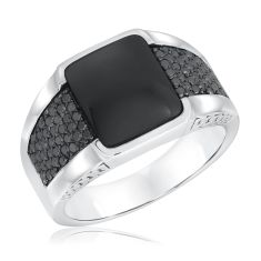 Black Onyx and 3/4ctw Treated Black Diamond Sterling Silver Ring - Men's