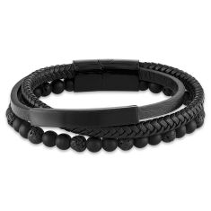 Black Onyx and Lava Bead, Leather, and Black Ion-Plated Stainless Steel Triple Wrap Bracelet | 8.5 Inches | Men's