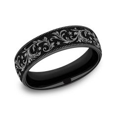 Black Titanium 6.5mm Grey Barrel Script with Stars Pattern Wedding Band