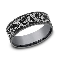 image of Black Titanium with Grey Milgrain Tantalum Edges 7.5mm Grey Pheasant Scroll Pattern Wedding Band with sku:7025776TFCGBKTGTA