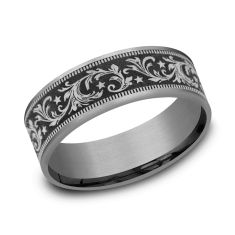 image of Black Titanium with Thin Grey Tantalum Edges 7.5mm Barrell Script with Stars Pattern Wedding Band with sku:3315776TFCGBKTGTA