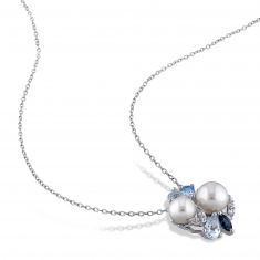 Blue Mixed Gemstone and White Freshwater Cultured Pearl Cluster Pendant in Sterling Silver