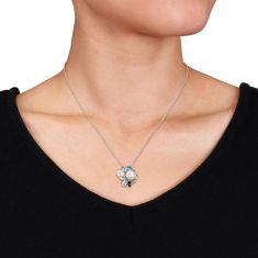 Blue Mixed Gemstone and White Freshwater Cultured Pearl Cluster Pendant in Sterling Silver