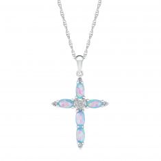 Created Blue Opal and Created White Sapphire Cross Necklace