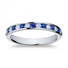 Blue Sapphire and 1/5ctw Diamond Platinum Wedding Band