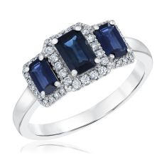 Blue Sapphire and 1/5ctw Diamond Three-Stone White Gold Ring