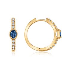 Blue Sapphire and 1/6ctw Diamond Yellow Gold Huggie Hoop Earrings