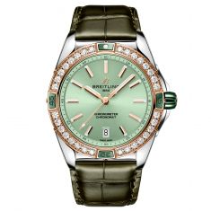 Breitling Super Chronomat Automatic 38 Mint Green Dial Lab Grown Diamond Stainless Steel, Red Gold, Green Alligator Leather Strap Watch | U17356531L1P1