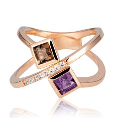 Breuning Princess Amethyst and 1/20ctw Diamond Rose Gold Ring - Size 7