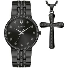 Bulova Classic Box Set Crystal Accent Black Dial and Black Stainless Steel Bracelet Watch and Necklace Set 40mm - 98K116