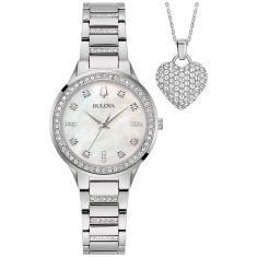 Bulova Classic Box Set Crystal Accent Mother of Pearl Dial Stainless Steel Bracelet Watch and Necklace Set 30mm - 96X162