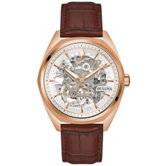 Bulova Classic Surveyor Automatic Skeleton Rose Gold-Tone Brown Leather Strap Watch 41mm - 97A175