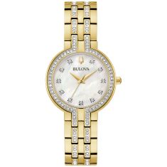 Bulova Crystal Box Set Crystal Accent Mother of Pearl Dial Gold-Tone Bracelet Watch and Necklace Set 30mm - 98X138