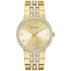 Bulova Crystal Gold-Tone Watch and Cross Pendant Necklace Box Set | 40mm | 98K113