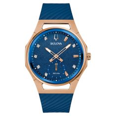 Bulova CURV Marc Anthony Diamond Blue Dial Blue Rubber Strap Watch 40.6mm - 97P174