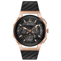Bulova Curv Rose Gold-Tone and Black Rubber Strap Chronograph Watch | 44mm | 98A185