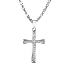 Bulova Icon Damascus Steel Inlay Cross Sterling Silver Pendant Necklace