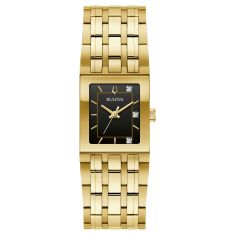 Bulova Marc Anthony Quadra Diamond Accent Black Dial Gold Tone Stainless Steel Bracelet Watch 21mm - 97P167