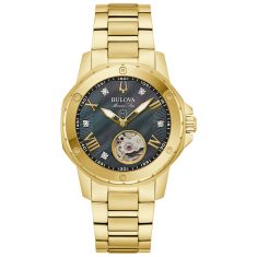 Bulova Marine Star Automatic Black Mother of Pearl and Diamond Dial Gold-Tone Watch 35mm - 97P171