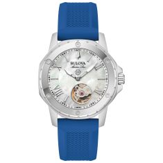 Bulova Marine Star Automatic Mother of Pearl Dial Blue Silicone Strap Watch 35mm - 96L324
