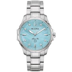 Bulova Marine Star Diamond Accent Blue Mother of Pear Dial Stainless Steel Bracelet Watch 36mm - 96P248