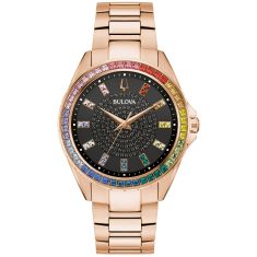 Bulova Phantom Classic Crystal Accent Black Dial Rose Gold Tone Stainless Steel Bracelet Watch 40mm - 97A180