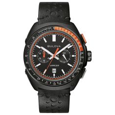 Bulova Racer Chronograph Black Dial Black Leather Strap Watch 42mm - 98B428