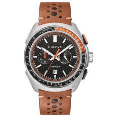 Bulova Racer Chronograph Black Dial Brown Leather Strap Watch 42mm - 98B427