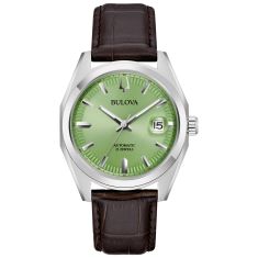 Bulova Surveyor Automatic Green Dial Brown Leather Strap Watch 39mm - 96B427