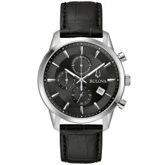 Bulova Sutton Chronograph Black Dial Leather Strap Watch 41mm - 96B403