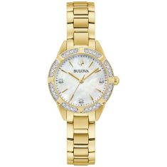 Bulova Sutton Classic Diamond Accent Mother of Pearl Dial Gold Tone Stainless Steel Bracelet Watch 28mm - 98R297