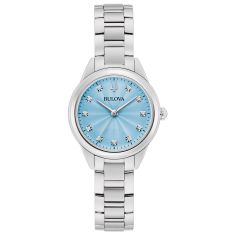 Bulova Sutton Pastel Blue Diamond Dial Stainless Steel Watch 28mm - 96P250
