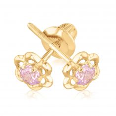 Child's Yellow Gold Pink Cubic Zirconia Flower Studs