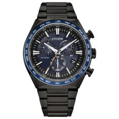 Citizen Eco-Drive Attesa Black DLC Super Titanium Chronograph Blue Dial Watch 42mm - CB5966-69E