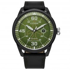 Citizen Eco-Drive Avion Green Dial Black Leather Strap Watch | 45mm | AW1735-03X