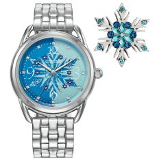 Citizen Eco-Drive Disney Princess Frozen Stainless Steel Bracelet Watch and Snowflake Pin Set | 36mm | FE7091-61W