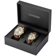 Citizen Eco-Drive Pair Silver Dial Brown Leather Strap Watch 40mm - 29mm - PAIRS-RETAIL-0103-A