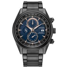 Citizen Sport Luxury Blue Dial Black Stainless Steel Bracelet Watch 43mm - AT8265-57L