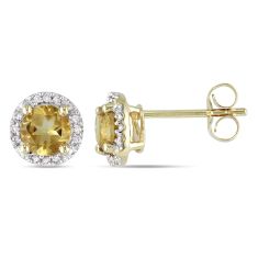 Citrine and Diamond Halo Yellow Gold Earrings 1/15ctw