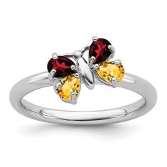 Citrine and Garnet Butterfly Sterling Silver Stackable Ring