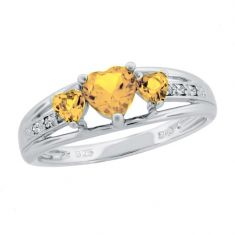 Citrine Heart Sterling Silver Diamond Accent Birthstone Ring