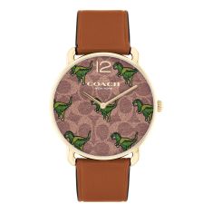 COACH Elliot T-Rex-Pattern Dial and Brown Saddle Leather Strap Watch 36mm - 14504284