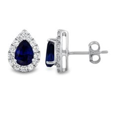 Created Blue Sapphire and Created White Sapphire Halo Earrings