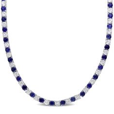 Created Blue Sapphire and Created White Sapphire Sterling Silver Tennis Necklace