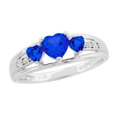 Created Blue Sapphire Heart Sterling Silver Diamond Accent Birthstone Ring